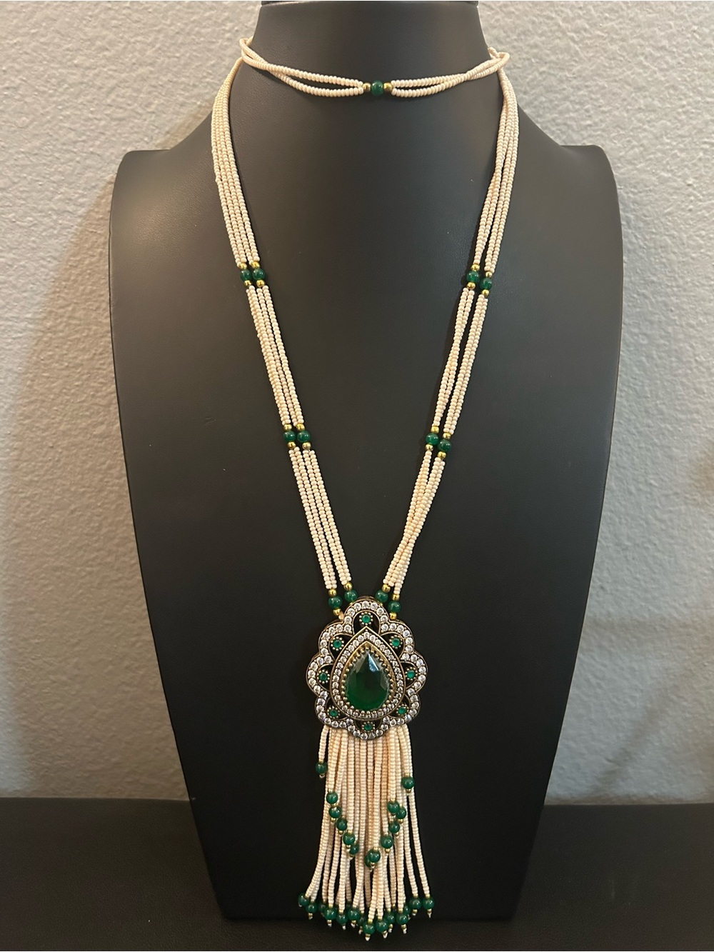 Elegant Cream and Green Beaded Tassel Necklace
